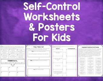 Op de afbeelding: Een set printbare werkbladen en posters voor kinderen om hen te helpen leren over zelfbeheersing. De werkbladen bevatten activiteiten zoals het identificeren van de gevolgen van acties, nadenken over vals spelen bij een test en het knippen en plakken van impulsctrl-strategieën. De posters tonen de tekst "Stop, Think, Go!" en "Think! Is it... True? Helpful? Important? Necessary? Kind?"