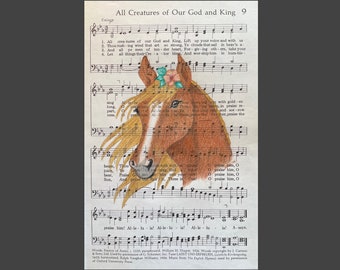 Colored Pencil Hymn Art Print "All Creatures Of Our God And King” with Horse