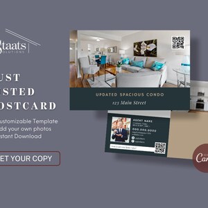 May include: A customizable real estate postcard template featuring a photo of a modern condo living room with a teal sofa and a white orchid. The text on the postcard reads "UPDATED SPACIOUS CONDO 123 Main Street" and includes a QR code and space for an agent's name and contact information. The postcard is made in Canva.