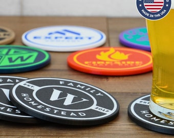 Custom Round Coasters with Logo, Set of 4, Multi-Color Textured Top Drink Coasters with Non-Slip Cork Base, 4.3 Inch Coasters