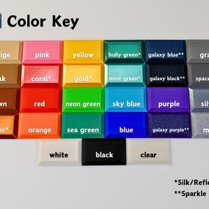 May include: Color key chart with 24 color swatches, including beige, pink, yellow, holly green, galaxy blue, gray, teak, coral, gold, mint green, galaxy black, space gray, brown, red, neon green, sky blue, purple, silver, copper, orange, sea green, blue, galaxy purple, white, black, and clear. The chart also includes the text "*Silk/Reflective" and "**Sparkle".