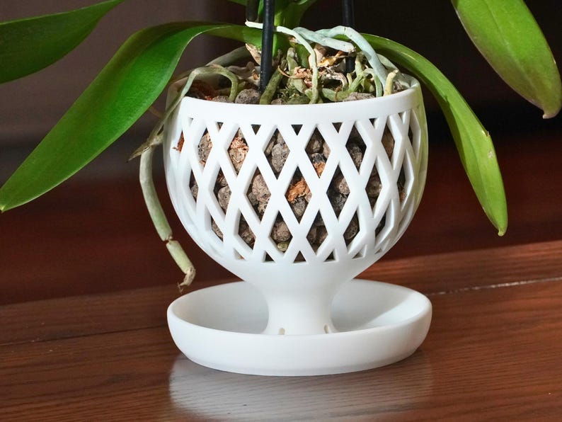 May include: White orchid planter with a diamond-shaped lattice design. The planter has a saucer base and is filled with brown orchid bark.