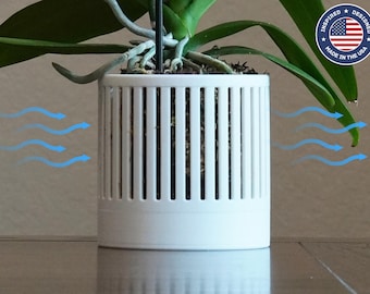The Olive - Self-Watering Orchid Pot with Vertical Line Ventilation, Cylindrical Design with Bottom Water Reservoir, Modern Plant Pot