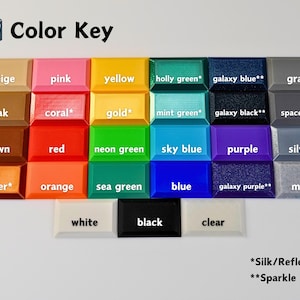 May include: Color key chart with 24 color swatches. The colors include beige, pink, yellow, holly green, galaxy blue, gray, teak, coral, gold, mint green, galaxy black, space gray, brown, red, neon green, sky blue, purple, silver, copper, orange, sea green, blue, galaxy purple, white, black, and clear. The chart also includes the text "*Silk/Reflective" and "**Sparkle".