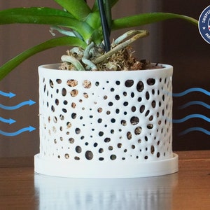 Pode incluir: Uma planta de orquídea branca em um vaso de cerâmica branco com um design estampado. O vaso tem furos para drenagem e circulação de ar. A planta está sentada em uma superfície de madeira. "Inspired & Designed, Made in the USA" está impresso em uma bandeira americana vermelha, branca e azul.