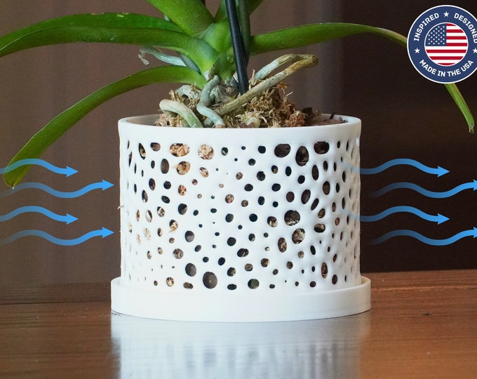 The Magnolia - Smooth Voronoi Cylinder Orchid Pot with Holes, Drainage Tray, and Ventilation, Modern Plant Pot, Indoor Plant Decor