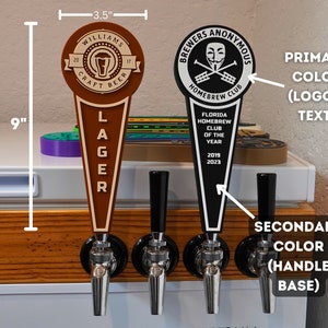 May include: Three beer tap handles with different designs. The left handle is brown with the text "Williams Craft Lager" and a beer glass logo. The middle handle is black with a silver tap. The right handle is black with the text "Brewers Anonymous Homebrew Club" and a skull and crossbones logo. The text "Florida Homebrew Club of the Year 2019 2023" is also on the right handle.