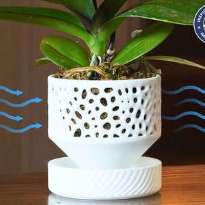 Puede incluir: Maceta de cerámica blanca para orquídeas con un diseño decorativo de calado. La maceta tiene una base ancha y una parte superior estrecha, con un platillo debajo. Se muestran flechas de flujo de aire alrededor de la maceta, lo que indica una buena ventilación.