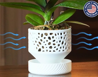 The Cypress - Self-Watering Orchid Pot with Voronoi Pattern, Cylindrical Design, and Bottom Water Reservoir, Modern Plant Pot