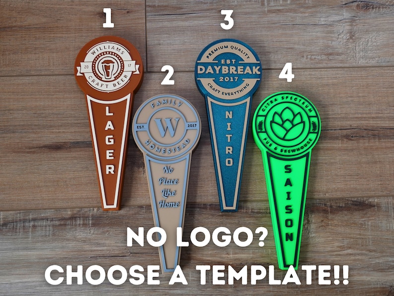 May include: Four different beer tap handles with various designs. The handles are made of wood and have a variety of colors, including brown, green, blue, and white. The handles are numbered 1 through 4. The text on the handles includes "Williams Craft Beer", "Lager", "Daybreak Craft Everything", "Nitro", "Citra Spectrum", "Saison", "Family Homestead", "No Place Like Home", and "EST 2017".