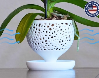 The Willow - Self-Watering Orchid Planter with Voronoi Pattern Ventilation and Elegant Shape, Bottom Water Reservoir, Unique Plant Pot