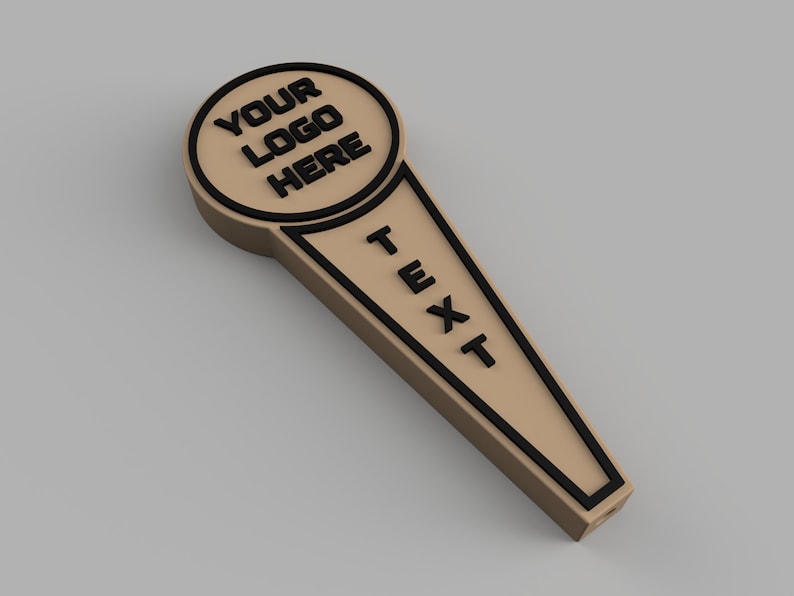 May include: A brown wooden beer tap handle with a black outline. The top of the handle is round and has the text "YOUR LOGO HERE" in black. The bottom of the handle has the text "TEXT" in black.