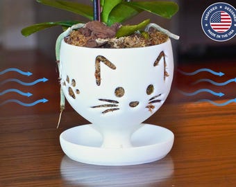 The Cat - Self-Watering Orchid Pot with Cat Face and Paw Ventilation, Easy Water Bottom Reservoir Planter, Unique Plant Vase