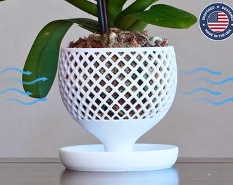The Lily - Easy Water Orchid Planter with Elegant Lattice Pattern Ventilation, Bottom Self Water Reservoir, Modern Plant Pot