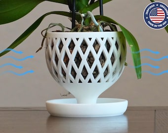 The Dahlia - Easy Water Orchid Planter with Diamond Pattern Ventilation, Bottom Self-Watering Reservoir, Modern Plant Pot