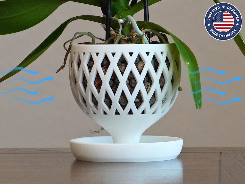 May include: White orchid plant in a white, diamond-shaped, hanging planter with a drainage tray. The planter has a unique design that allows for air circulation around the roots.