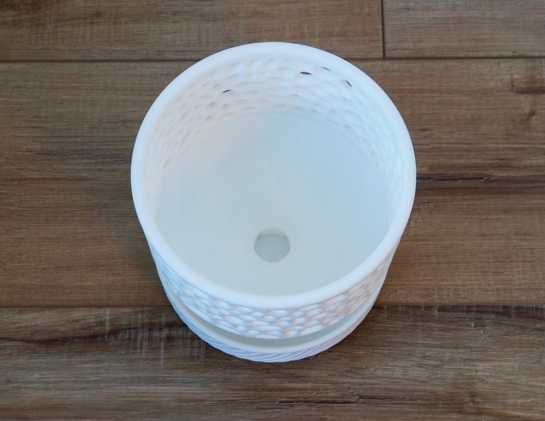 May include: White ceramic planter with a decorative, textured design. The planter has a drainage hole at the bottom.