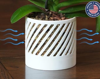 The Aspen - Self-Watering Orchid Pot with Diagonal Line Ventilation, Cylindrical Design with Bottom Water Reservoir, Elegant Plant Pot