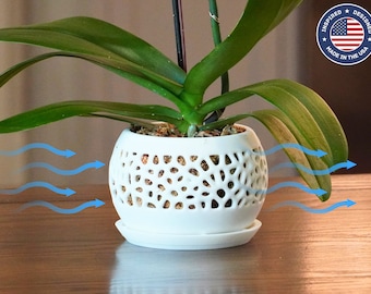 The Ivy - Round Orchid Pot with Organic Voronoi Pattern, Drainage Tray, and Ventilation, Modern Indoor Plant Decor