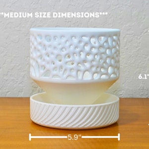 May include: White ceramic planter with a decorative, openwork design. The planter has a removable bottom tray. The planter measures 6.1 inches tall and 5.9 inches wide.