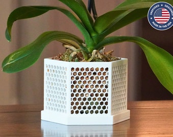 The Honeycomb - Hexagonal Orchid Pot with Holes and Drainage Tray, Ventilated Geometric Planter, Modern Indoor Garden Decor