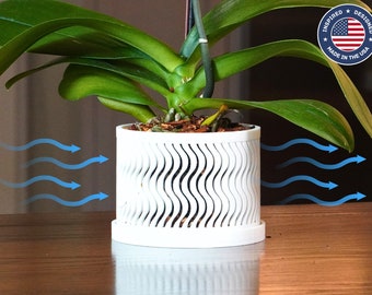 The Elm - Wavy Pattern Orchid Pot with Drainage Tray, Cylindrical Design, and Ventilation, Modern Indoor Plant Pot