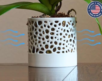 The Bay - Self-Watering Cylindrical Orchid Pot with Open Voronoi Ventilation, Bottom Water Reservoir, Modern Indoor Plant Pot