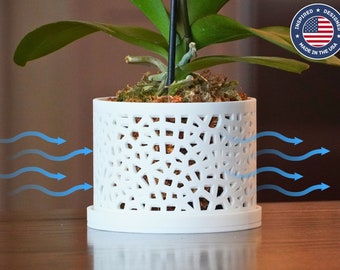 The Oak - Geometric Voronoi Cylinder Orchid Pot with Holes, Drainage Tray, and Ventilation, Modern Plant Pot, Indoor Plant Decor