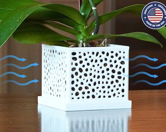 The Maple - Smooth Voronoi Square Orchid Pot with Holes, Plant Pot with Drainage Tray, Ventilated Planter, Modern Indoor Plant Decor