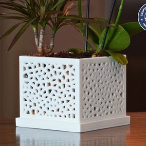 May include: A square white planter with a geometric cut-out design, holding a green plant. The planter sits on a matching rectangular base. The image includes a circular logo with the text "Inspired Designed Made in the USA".