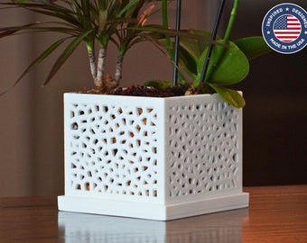 The Birch - Square Orchid Pot with Geometric Voronoi Pattern, Plant Pot with Drainage Tray, Ventilated Planter, Modern Indoor Plant Decor