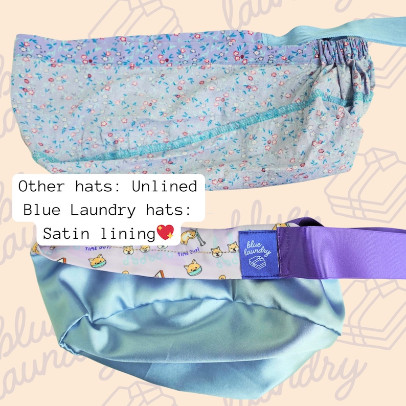 May include: Two fabric hats. The top hat is light blue with a floral pattern and a light blue elastic band. The bottom hat is light blue satin with a purple elastic band and a patterned interior.