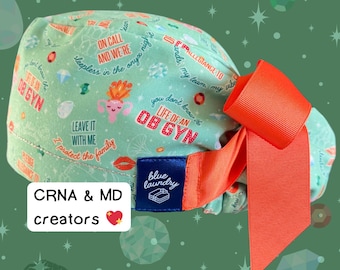 Showgirl OBGYN | Swifty Obstetrics satin lined scrub hat for gynecology, midwives, surgeons, residents