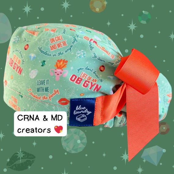 Showgirl OBGYN | Swifty Obstetrics satin lined scrub hat for gynecology, midwives, surgeons, residents