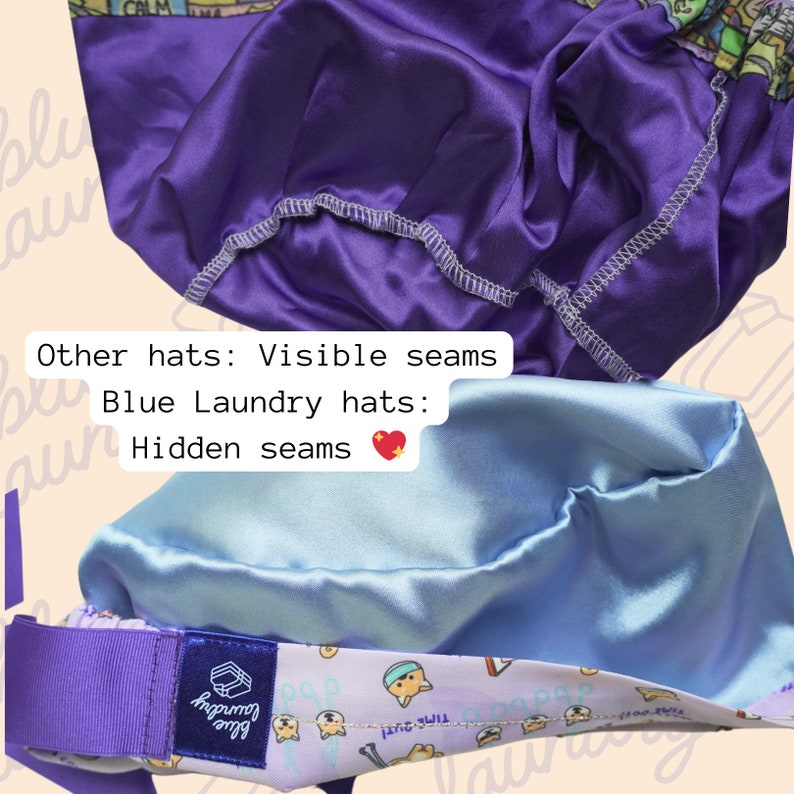 May include: Close-up of two satin hats in shades of purple and light blue. The purple hat has visible seams, while the light blue hat has hidden seams. The light blue hat has a patterned band with the text "TIMS-2UT!" and the brand "Blue Laundry".