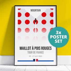 Tour de France 2025 jersey posters set of 3. Yellow jersey, green jersey and polka dot jersey. Gift for dad. Gift for cycling fan. Bike race