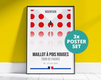 Tour de France 2025 jersey posters set of 3. Yellow jersey, green jersey and polka dot jersey. Gift for dad. Gift for cycling fan. Bike race