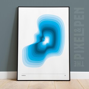 Póster de forma abstracta de vórtice, disponibilidad limitada, formas azules, manchas, arte interesante, decoración de pared, póster moderno.