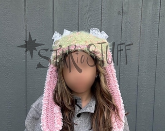 Tatsuko Bunny Ear Beanie | Crochet Beanie | Kawaii Bunny Ear Hat | Coquette Aesthetic | Flower Blossoms Rabbit Ear Beanie | Ready to ship