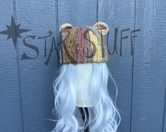 Crochet Scrappy Bear Beanie | Brown Upcycled Yarn Festival Hat | Crochet Bear Beanie | Ready to Ship