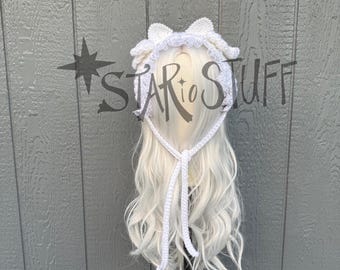 Crochet White Lace Coquette Ears | Kawaii Kitty Ear Warmer | Pearl Ear Bow Headband | Lolita Fashion | Coquette Aesthetic | Ready to Ship