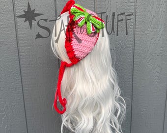 Crochet Pink Strawberry Ear Warmers | Kawaii Ear Warmer Headband | Strawberrycore Aesthetic | Crochet Headband | Ready to Ship