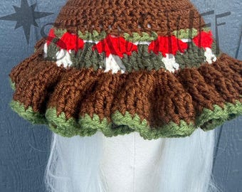 Crochet Mushroom Ruffle Hat | Mushroom Bucket Hat | Forager Mushroom Hat | Cottagecore Aesthetic | Toadstool Hat | Ready to Ship