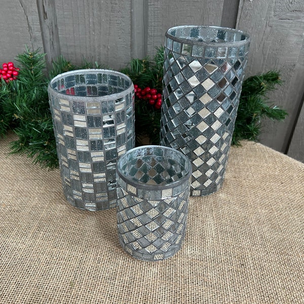 Vintage silver mosaic vases silver candle holders mosaic candle holders modern vases modern silver candle holders winter candle holders