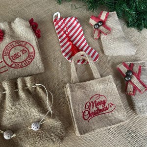 Set of burlap Christmas bags small gift bags burlap bags for Christmas gifts red and burlap bags for holiday packing secret Santa gift bags
