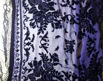 Vintage large velvet silk Shawl 105x105 cm, Evening party Wrap.