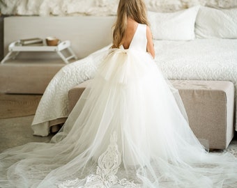 Vestido de niña tutú, vestido de niña de flores de tul, vestido de marfil, vestidos de niñas de flores, vestido de encaje, vestidos de niña de flores, vestido de niña personalizado