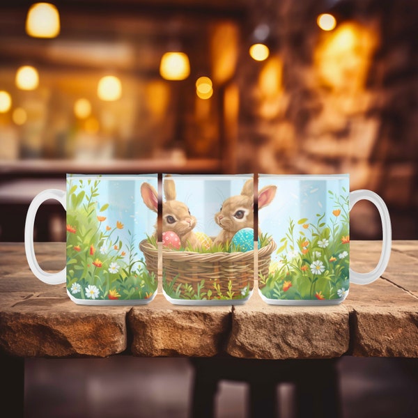 Tazza da caffè grande in ceramica Bunnies Zen da 15 once di HinaZen Artworks Regali boho e astratti unici #0272