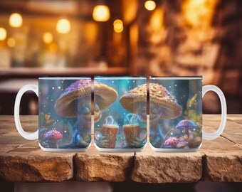 Happy Cartoon Mushrooms Trippy Large Ceramic Coffee Mug 15oz by HinaZen Artworks Unique Boho and Trippy Gifts #0065