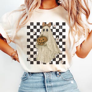 Halloween Lace Ghost Tee: Spooky Coquette T-Shirt, Girly Ghost Orange Bow T Shirt, Lacey Ghost Tee, Comfort Colors Spooky Season Top Outfit